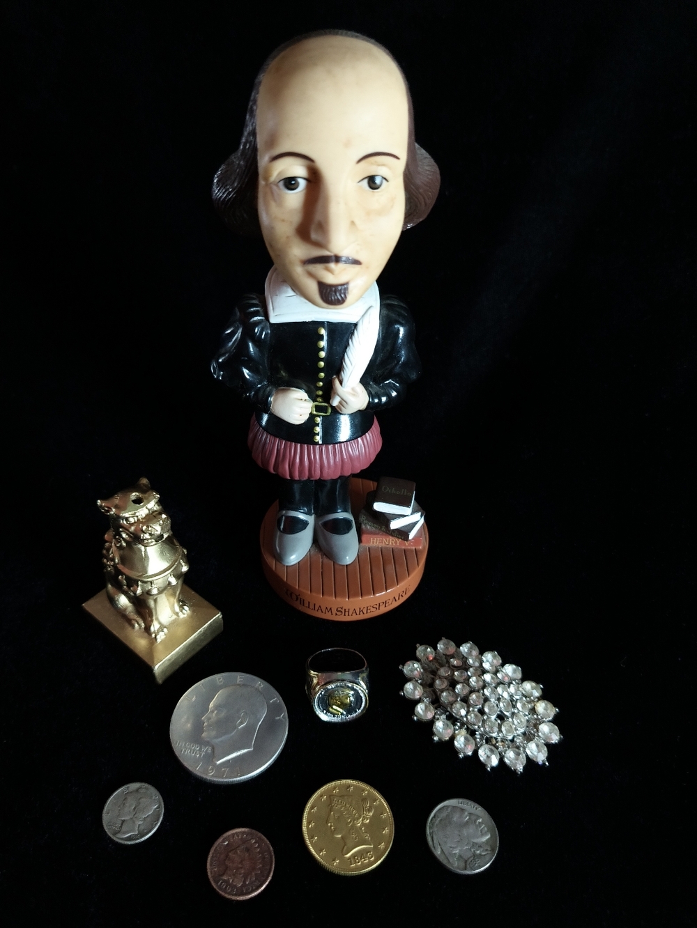 Pappy's Vintage Antique Lot - Shakespeare - Foo Dog - Coins - Brooch - Ring